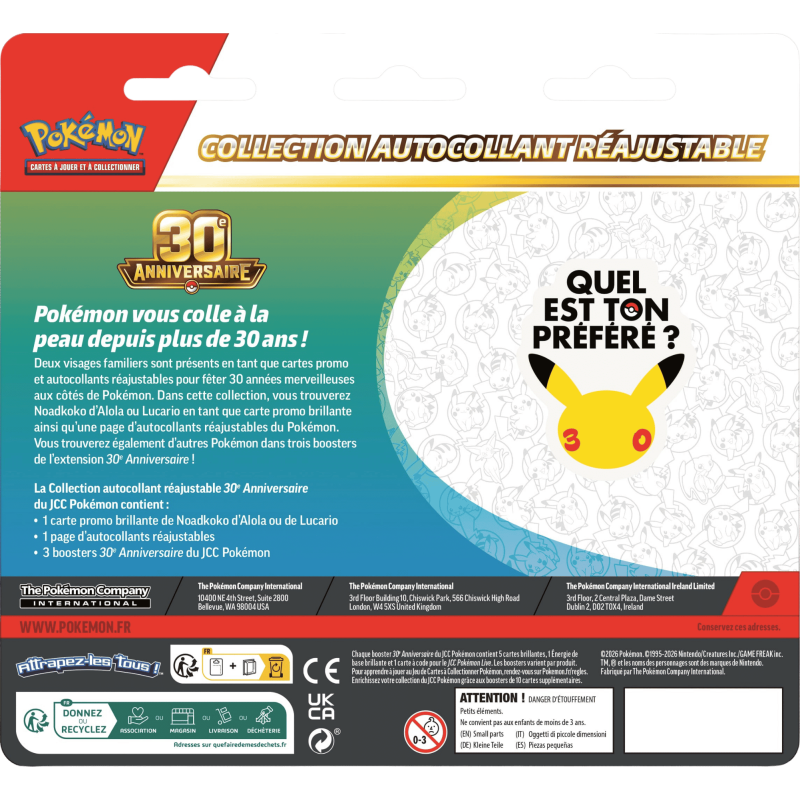 Pokémon - Tripack - Collection autocollant réajustable - 30e Anniversaire - Noadkoko d'Alola - Français