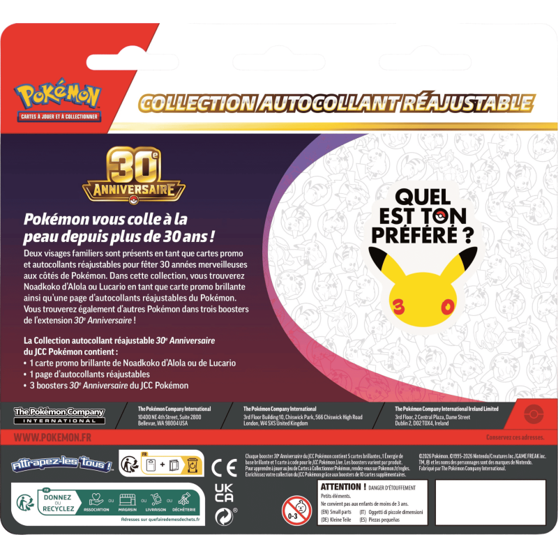 Pokémon - Tripack - Collection autocollant réajustable - 30e Anniversaire - Lucario - Français